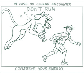 anthro backpack bottomwear clothed clothing duo female hat headgear headwear heart_symbol hiking male nude parody pounce running_away shorts text tongue tongue_out warning_sign wide_hips redout new_looney_tunes miss_cougar_(new_looney_tunes) cougar felid feline human mammal 2025 english_text hi_res monochrome