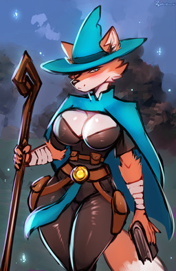 anthro belt black_bodysuit black_claws black_clothing black_nose black_skinsuit blue_cape blue_clothing blue_hat blue_headwear blush bodysuit book breasts butt cape claws cleavage cleavage_cutout clothed clothing crossgender cutout female fur green_eyes half-closed_eyes hat hat_over_eye headgear headwear holding_book holding_object holding_staff looking_at_viewer magic_user multicolored_body multicolored_fur narrowed_eyes orange_body orange_ears orange_fur orange_tail skinsuit smile solo sparkles staff standing tail tan_body tan_fur tan_tail thick_thighs tight_clothing two_tone_body two_tone_fur two_tone_hat two_tone_tail utility_belt wizard_hat wraps wrist_wraps zetsuboucchi megabonk fox_(megabonk) canid canine fox mammal 2025 digital_media_(artwork) hi_res