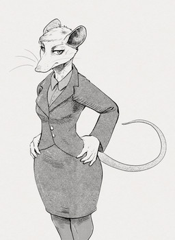 anthro biped bottomwear breasts clothing collared_shirt dress_shirt eyebrows female front_view hair hands_on_own_hips jacket looking_at_viewer shirt short_hair simple_background skirt small_breasts solo standing suit topwear whiskers white_background sabrotiger american_opossum mammal marsupial virginia_opossum 2025 hi_res line_art