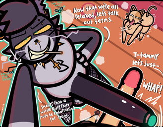barbell_piercing butt cigarette clothing collar dark_body dark_fur eyebrow_piercing facial_piercing feral fishnet_clothing fishnet_legwear freckled_butt freckles fur genitals glowing glowing_eyes green_eyes legwear male male/male nose_piercing nose_ring pawpads penis piercing possession ring_piercing spiked_collar spikes tan_body tan_fur tattoo text whiskers yellow_eyes conditional_dnp mykendyke cheesepuff_(mykendyke) stray_(mykendyke) tammy_(mykendyke) arthropod domestic_cat felid feline felis fly_(animal) insect mammal absurd_res hi_res
