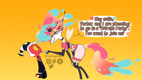 anthro aroused_face aroused_smile duo female flirting flirting_look male male/female thekingvillain hellaverse helluva_boss moxxie_(helluva_boss) queen_bee-lzebub_(helluva_boss) animal_humanoid canid canid_humanoid canine canine_humanoid fox_humanoid humanoid imp mammal mammal_humanoid 16:9 widescreen