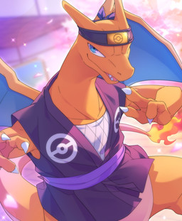 3_fingers accessory ambiguous_gender blue_eyes bottomless bottomless_ambiguous claws clothed clothing fingers fire flaming_tail headband holowear_(pokemon) horn membrane_(anatomy) membranous_wings orange_body orange_skin sleeveless_topwear solo tail wings d.summer mythology nintendo pokemon pokemon_unite ninja_style_charizard charizard dragon generation_1_pokemon mythological_creature mythological_scalie pokemon_(species) scalie hi_res
