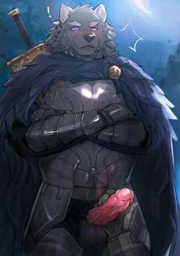 ambiguous_gender anthro armor balls black_body black_fur duo erection exclamation_point fur genitals glans handjob humanoid_genitalia humanoid_penis male male/ambiguous melee_weapon penile penis pink_glans sex sword vein veiny_penis weapon dr.kiyo elden_ring fromsoftware blaidd_(elden_ring) canid canine canis mammal wolf absurd_res hi_res