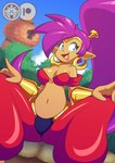 blue_eyes breasts clothing cloud day ear_piercing ear_ring female hair humanoid_pointy_ears long_hair navel not_furry open_mouth open_smile piercing plant pointy_ears ponytail purple_hair ring_piercing sitting smile solo tan_body tan_skin tree nyabellart shantae_(series) wayforward shantae genie humanoid hi_res