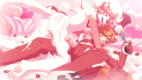 all_fours anthro balls biped black_nose blue_eyes brown_hair cake candy chocolate claws dairy_products dessert duo erection eyebrows food food_fetish food_play fur genitals glans gloves_(marking) hair heart_symbol highlights_(coloring) holding_object humanoid_genitalia humanoid_penis long_hair looking_at_another looking_at_partner lying male male/male markings nude on_back open_mouth open_smile pawpads penis pink_nose pupils red_body red_fur red_highlights red_markings short_hair smile teeth toe_claws tongue unusual_pupils whipped_cream white_body white_fur white_hair sunnynoga pon_(myaoduixa) suno_(myaoduixa) ailurid domestic_ferret mammal mustelid musteline red_panda true_musteline weasel 16:9 2026 hi_res widescreen