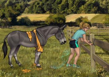animal_genitalia black_mane blonde_hair blue_eyes breasts brown_eyes clothing detailed_background duo female female_human fence feral fully_sheathed genitals grass grey_body hair male male_feral mane mid_transformation mouth_closed narrowed_eyes open_mouth outside plant sheath species_transformation tail tail_tuft tan_body tan_skin torn_clothing transformation tuft rufciu asinus donkey equid equine human mammal 2024 dated hi_res signature