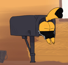 bent_over bottomwear bottomwear_down butt clothed clothing exposed female feral mailbox pants pants_down partially_clothed public questionable_consent solo stuck tofuuu nintendo pokemon alkaline_(tofuuu) generation_1_pokemon pikachu pokemon_(species)