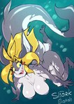 alternate_species anthro big_breasts blue_eyes blush breasts feet female fin hair huge_breasts long_hair non-mammal_breasts nude open_mouth sharp_teeth solo teeth text toes yellow_sclera chalo las_lindas sarah_silkie fish marine shark 2024 english_text hi_res signature
