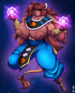 abs abstract_background anthro areola athletic athletic_anthro athletic_female biceps big_areola big_breasts big_ears breasts brown_areola brown_body brown_fur brown_hair brown_nipples clothed clothing cosmic_background cosplay eyelashes female floppy_ears freckled_breasts freckles fur green_eyes hair horn huge_areola huge_breasts long_ears long_hair long_tail looking_at_viewer muscular muscular_anthro muscular_female nipples smile solo space space_background tail thick_thighs topless topless_anthro topless_female wide_hips superix dragon_ball dragon_ball_super las_lindas toei_animation beerus mora_linda bovid bovine cattle mammal 2020 absurd_res dated digital_drawing_(artwork) digital_media_(artwork) hi_res watermark
