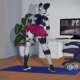 anthro bottomwear carpet chair clothed clothing desk detailed_background dumbbell electronics exercise female fitness fur furniture inside looking_at_object multicolored_body multicolored_fur plant plant_pot potted_plant purple_eyes screen skirt solo standing table tail tail_under_skirt television topwear weights andy_234 angela_(andy_234) domestic_cat felid feline felis mammal 1:1 alternate_version_at_source hi_res signature