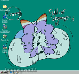 ambiguous_gender apology big_butt blue_clothing blue_underwear bodily_fluids bubble_butt butt butt_jiggle clothed clothing computer computer_mouse desktop electronics embarrassed flustered hair huge_butt hyper hyper_butt jiggling lesbian_pride_colors lgbt_pride not_furry pride_colors purple_hair recycling_bin shy solo speech_bubble sweat sweaty_butt text underwear windows_logo bnuuylover32 internet_explorer microsoft microsoft_windows object_shows windows_95 digital_media_(artwork) english_text hi_res