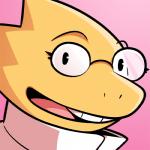 anthro buckteeth clothing coat eyewear female glasses lab_coat looking_at_viewer open_mouth pink_background scales simple_background smile solo teeth topwear yellow_body yellow_scales cubewatermelon undertale undertale_(series) alphys lizard reptile scalie 1:1 2015 bust_portrait icon low_res portrait