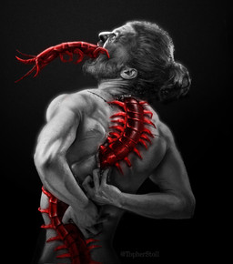5_fingers ambiguous_gender antennae_(anatomy) beard black_background duo exoskeleton facial_hair feral fingers gore hair head_turned looking_up male male_human nude nude_human nude_male open_mouth pain ponytail rear_view simple_background slit_(wound) twitter_handle christopher_stoll arthropod centipede human mammal myriapod 2022 digital_drawing_(artwork) digital_media_(artwork) greyscale half-length_portrait hi_res monochrome portrait spot_color