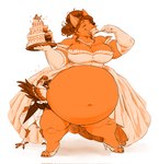 anthro belly big_belly big_breasts breasts cake cleavage clothed clothing dessert dress duo eating eyes_closed female food footwear high_heels holding_food holding_object husband_and_wife larger_female married_couple navel obese obese_anthro obese_female open_mouth overweight overweight_anthro overweight_female shoes simple_background size_difference wedding_cake wedding_dress white_background whorgi avian bird canid canine mammal hi_res