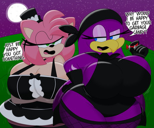 accessory alternative_fashion anthro argument bandanna_on_head beak big_breasts black_nose blue_eyes bouncing_breasts breast_jiggle breasts bulging_breasts candy cleavage cleavage_overflow clothed clothing crossed_arms curvy_figure dessert detailed_background dialogue dress duo eyelashes feathers female fingers fishnet_clothing fishnet_legwear food fur gloves goth green_eyes hair hair_accessory hairband handwear hat headband headgear headwear holidays huge_breasts jiggling legwear leotard moon motion_lines multicolored_body multicolored_clothing multicolored_dress multicolored_fur narrowed_eyes outside pink_body pink_fur pink_hair purple_body purple_feathers short_hair sky small_waist speech_bubble star starry_sky stockings tan_body tan_fur text thick_thighs tongue top_hat two_tone_body two_tone_fur voluptuous voluptuous_anthro voluptuous_female wide_hipped_anthro wide_hipped_female wide_hips 3barts halloween sega sonic_riders sonic_the_hedgehog_(series) amy_rose wave_the_swallow avian bird eulipotyphlan hedgehog hirundinid mammal oscine passerine swallow_(bird) 2025 absurd_res digital_drawing_(artwork) digital_media_(artwork) english_text hi_res