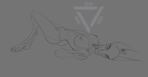 anthro arched_back augmented augmented_neck big_ears breasts butt crossed_legs cybernetic_leg cybernetic_limb cybernetics female long_legs looking_at_viewer lying machine medium_breasts narrowed_eyes nipples nude on_back pawpads paws sketchy skinny slim slim_anthro slim_female solo symbol synthetic tailless thin_calves thin_legs thin_thighs wide_hips the_dark_skull android canid canine canis cyborg jackal mammal robot digital_media_(artwork) guide_lines hi_res sketch