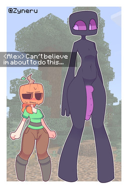 blush bodily_fluids clothed clothing duo female food for_a_head fruit genitals gynomorph intersex knot knotted_penis nude penis plant pumpkin pumpkin_head size_difference square_(anatomy) sweat text zyneru microsoft minecraft mojang xbox_game_studios alex_(minecraft) enderman human mammal object_head english_text hi_res