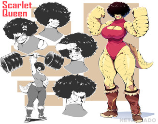 anthro barbell big_arms big_breasts big_ears black_hair blush blush_lines boots bottomwear breasts cleavage_cutout clothing cutout exercise fangs female flexing flexing_bicep flexing_both_biceps footwear hair hair_over_eyes leotard muscular muscular_anthro muscular_female non-mammal_breasts pants pantsless_female sabertooth_(anatomy) scales shoes smile solo tan_body tan_scales teeth thick_thighs weightlifting workout yoga_pants netardado ultraman_(series) red_king scarlet_queen_(netardado) kaiju reptile scalie ultra absurd_res hi_res model_sheet