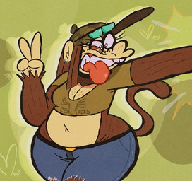 4_fingers anthro belt big_breasts bottomwear breasts brown_body brown_fur brown_hair buckteeth choker cleavage clothed clothing crop_top denim denim_bottomwear denim_clothing ear_piercing emanata eyelashes female fingers fur gesture green_eyes hair hand_gesture hand_on_hip heart_symbol jeans jewelry long_hair midriff navel necklace pants piercing selfie shirt simple_background slightly_chubby smile solo standing tail teeth texas text text_on_clothing text_on_shirt text_on_topwear tongue tongue_out topwear torn_bottomwear torn_clothing torn_jeans torn_pants v_sign ess_n_stuffs aarin_(redustheriotact) haplorhine mammal monkey primate 2025