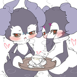 anthro blush bodily_fluids brown_eyes container covering covering_face cum cum_in_a_cup cum_in_container cup cutlery duo female genital_fluids heart_pupils kitchen_utensils male offering_to_viewer simple_background spoon tea_cup tools tray vaginal_fluids_in_a_cup white_background sakaniyame nintendo pokemon generation_8_pokemon indeedee pokemon_(species) 1:1 2025 digital_media_(artwork) hi_res