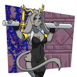 anthro big_ears breasts ears_down eyebrows female fur grey_body grey_eyes grey_fur grey_hair hair horn long_tail looking_at_viewer melee_weapon pivoted_ears solo sword tail weapon chisheq pseudoregalia sybil_(pseudoregalia)