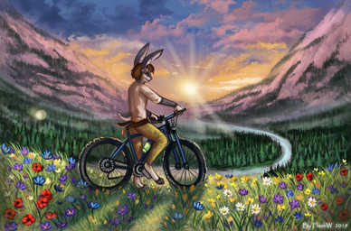 5_fingers anthro bicycle brown_hair clothed clothing day detailed_background digitigrade feet fingers fur grass grey_body grey_fur hair male outside plant sky solo sun toes vehicle flashw lagomorph leporid mammal rabbit 2019 digital_media_(artwork)