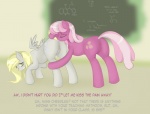 2012 amber_eyes anus cheerilee_(mlp) cutie_mark derpy_hooves_(mlp) dialogue duo earth_pony english_text equid equine feathered_wings feathers female female/female feral friendship_is_magic genitals grey_body grey_feathers hair hasbro horse looking_back mammal multicolored_hair my_little_pony mythological_creature mythological_equine mythology pegasus pink_hair pony pussy quadruped tail text two_tone_hair v-invidia wings