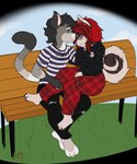 anthro bench brown_body brown_fur clothed clothing duo eyes_closed eyewear facial_piercing female fur glasses hair highlights_(coloring) kissing kissing_forehead male male/female nose_piercing nose_ring on_lap pawpads paws piercing red_hair ring_piercing sitting sitting_on_lap smile conditional_dnp grinn3r kusaki mixi_elkhound canid canine canis cougar domestic_dog elkhound felid feline mammal spitz 2021 hi_res