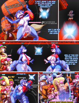 anthro anthro_on_anthro big_breasts big_butt blonde_hair blue_body blue_fur blue_hair breasts butt clothing dialogue erection female female/female flaccid fur genitals group hair hat headgear headwear heart_eyes heart_symbol humanoid_genitalia humanoid_penis imminent_orgy imminent_sex kissing male nipples penis profanity selfcest square_crossover text vulva white_body white_fur doctor_awesome donkey_kong_(1981) donkey_kong_(series) mario_bros nintendo ocarina_of_time star_fox the_legend_of_zelda candy_kong diddy_kong dixie_kong krystal_(star_fox) mayor_pauline navi prince_sidon tiny_kong ape canid canine fairy fox haplorhine human mammal primate absurd_res comic english_text hi_res