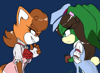 anthro biped blue_eyes brown_body brown_fur cosplay duo female frown fur green_body green_fur grin red_eyes side_view smile tan_body tan_fur furball sega sonic_the_hedgehog_(series) asuka_kazama emilie_de_rochefort maya_alee mocha_the_rabbit lagomorph leporid mammal procyonid rabbit raccoon 2025 alpha_channel