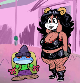 alternative_fashion anthro backpack beanie belly black_boots black_bottomwear black_choker black_clothing black_eyes black_footwear black_hair black_jewelry black_necklace black_shirt black_skirt black_tank_top black_topwear blue_body boots bottomwear bra brown_body brown_clothing brown_footwear brown_fur brown_shoes choker clothing curly_hair duo female fishnet_clothing fishnet_legwear floppy_ears footwear fur goth green_clothing green_shirt green_topwear hair hat headgear headwear horn jewelry larger_female legwear long_hair looking_at_viewer male male/female midriff miniskirt navel necklace purple_bottomwear purple_clothing purple_hat purple_headwear purple_shorts red_bra red_clothing red_eyes red_hands red_underwear shirt shoes shorts size_difference skirt smaller_male tank_top topwear underwear boker lilith_(boker) zorn_(boker) amphibian bovid caprine frog goat mammal tree_frog full-length_portrait portrait