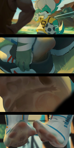 4_fingers 4_toes abuse anthro ball bandage bangs black_bars black_bottomwear black_clothing black_shorts blush bodily_fluids bottomwear chest_tuft circle_eyebrows close-up clothed clothing comic_panel discarded_footwear eyebrows eyes_closed feet fingers foot_fetish foot_focus footwear fox_ears fox_tail fur group hair hand_to_face inside_clothing inside_shoe legs_up legwear male micro micro_abuse offscreen_character offscreen_human offscreen_male one_shoe_on pawpads pink_inner_ear raised_clothing raised_shirt raised_topwear screaming shirt shoes shorts sitting smelly smelly_feet smile smiling_at_another soccer_ball soccer_field soccer_jersey soccer_net soccer_socks soccer_uniform socks sportswear spread_toes sweat sweaty_feet teal_body teal_ears teal_eyebrows teal_fur teal_paws teeth_showing text toes topwear torture translucent translucent_clothing translucent_footwear translucent_legwear translucent_socks trapped trapped_in_clothing trapped_in_shoe trapped_in_sock tuft underfoot uniform white_body white_fur white_hair yellow_clothing yellow_jersey yellow_shirt yellow_topwear young young_anthro young_male wasi ambiguous_species canid canine canis fox human mammal absurd_res comic english_text hi_res letterbox portrait sequence three-quarter_portrait