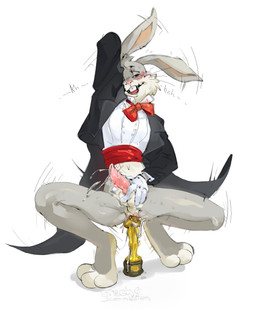 anal anal_masturbation anal_penetration anthro award bodily_fluids bottomless bow_tie clothed clothing dildo erection genital_fluids genitals gloves handwear looking_at_viewer male masturbation penetration penis precum sex_toy solo suit trophy grech4 looney_tunes warner_brothers bugs_bunny lagomorph leporid mammal rabbit hi_res