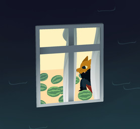 anthro biped black_eyes boots bottomwear building clothed clothing detailed_background fangs food footwear fruit fur hand_on_face house inside jacket male melon pants plant shitpost shoes sitting solo teeth topwear watermelon what window yellow_body yellow_fur nobby_(artist) night_in_the_woods gregg_lee canid canine fox mammal 2017 hi_res meme