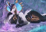 anthro big_breasts black_body black_scales blue_sclera breasts cleavage clothed clothing crystal female gloves_(marking) horn iridescent iridescent_crystal iridescent_horn iridescent_snake_hood markings multicolored_body multicolored_scales panties pink_eyes pupils scales slit_pupils solo underwear white_body white_scales yellow_body yellow_scales refegi reptile scalie snake absurd_res hi_res