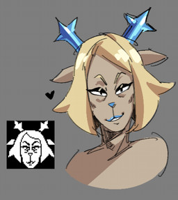 anthro antlers blonde_eyebrows blonde_hair blue_antlers blue_lipstick blue_nose eyebrows female female_anthro front_view fur glistening glistening_eyelids glistening_hair grey_background hair heart_symbol horn lipstick looking_at_viewer makeup mature_anthro mature_female simple_background solo tan_body tan_fur tear_trough yellow_eyes rekkadraws deltarune undertale_(series) carol_holiday deer mammal new_world_deer reindeer 2025 bust_portrait digital_drawing_(artwork) digital_media_(artwork) portrait reference_image