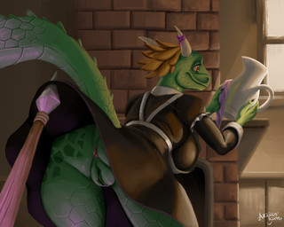 2_horns anthro anus big_breasts big_butt black_clothing black_dress bottomwear breasts butt butt_focus claws clothed clothing dress exposed female genitals green_body green_vulva happy horn humanoid_hands maid_uniform markings melee_weapon orange_sclera polearm rear_view scale_markings scales skirt smile solo spear tail uniform upskirt vulva weapon basdl2003 microsoft the_elder_scrolls the_lusty_argonian_maid lifts-her-tail argonian scalie 2023 5:4 digital_media_(artwork) digital_painting_(artwork) hi_res painting_(artwork)
