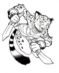 action_pose anthro breasts cleavage clothed clothing dagger dual_wielding female holding_object holding_weapon melee_weapon pose simple_background skimpy solo tail tribal weapon white_background akutousuki hasbro magic:_the_gathering wizards_of_the_coast wild_nacatl felid mammal nacatl black_and_white monochrome