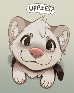 4_toes :3 ambiguous_gender cat_smile chest_tuft circle_eyebrows closed_smile cute_fangs dialogue dipstick_tail eyebrows fangs feet feral fur head_tuft high-angle_view inner_ear_fluff looking_at_viewer markings mouth_closed pink_nose simple_background smile solo speech_bubble standing tail tail_markings tan_body tan_fur teeth text toes toony tuft uppies whiskers feve mammal mustelid musteline true_musteline weasel 2026 english_text