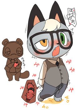 anthro blonde_hair blush bodily_fluids bottomwear chibi clothed clothing controller duo eyewear fully_clothed fur genital_fluids glasses green_eyes grey_body grey_fur hair heterochromia hidden_sex_toy hidden_vibrator male male/male male_peeing omorashi orange_hair pants pants_wetting peeing remote_control remote_controlled_vibrator sex_toy sex_toy_under_clothing shirt simple_background text topwear urine urine_pool vibrator watersports wet wet_clothing wetting white_background manmosu_marimo animal_crossing nintendo raymond_(animal_crossing) tom_nook_(animal_crossing) canid canine domestic_cat felid feline felis mammal raccoon_dog tanuki 2020 japanese_text