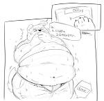 anthro belly big_butt bodily_fluids bottomwear butt chubby_cheeks claws clothed clothing covering covering_mouth covering_own_mouth covering_self fur love_handles male midriff morbidly_obese morbidly_obese_anthro morbidly_obese_male navel obese obese_anthro obese_male open_bottomwear open_clothing open_pants overweight overweight_anthro overweight_male pants shaking solo standing sweat text thought_bubble tight_clothing toe_claws weighing_scale pukkunnnn canid canine canis domestic_dog mammal black_and_white japanese_text monochrome partially_translated translation_request