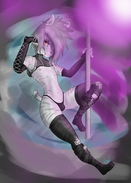 amber_eyes anthro boots bulge cloth clothed clothing femboy footwear fur gas gloves grey_body grey_fur grey_hair hair handwear holding_fixture light male pole shoes solo stripper_pole kbiscuitcat kalima_(kiwa_biscuitcat) felid mammal prehistoric_species saber-toothed_tiger 2017