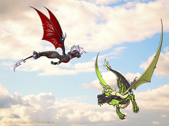 adolescent black_body black_scales dark feral flame_pattern flying furgonomic_piercing furgonomics green_eyes looking_at_another membrane_(anatomy) membranous_wings piercing quadruped red_eyes scales sky skyscape tail text weapon_tail wing_piercing wings young dead.akira activision guardians mythology spyro_the_dragon the_legend_of_spyro spyro dragon mythological_creature mythological_scalie scalie hi_res shaded url