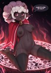 anthro areola bell bell_collar big_breasts blush bottomless breasts brown_body brown_fur cape chest_tuft clothed clothing collar dialogue female fire floating_hearts fur genitals heart_symbol horizontal_pupils horn leaning leaning_backward legwear navel nipples partially_clothed pose pupils pussy red_clothing red_eyes skindentation smile smiling_at_viewer solo speech_bubble squish stirrup_stockings summoning_circle text thigh_highs thigh_squish tuft wool_(fur) evomanaphy cult_of_the_lamb massive_monster_(studio) lamb_(cult_of_the_lamb) bovid caprine mammal sheep 2022 absurd_res english_text hi_res pinup