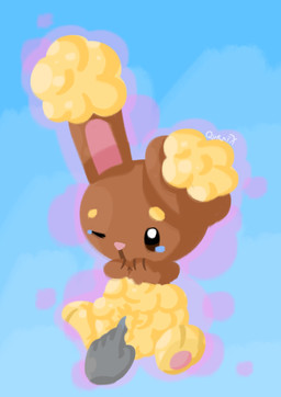 absurd_res ambiguous_gender bodily_fluids buneary covering covering_mouth disembodied_hand duo embarrassed female feral hi_res lagomorph leporid mammal nintendo one_eye_closed pokémon pokémon_(species) qurnix rabbit signature simple_background tears teasing toony video_games