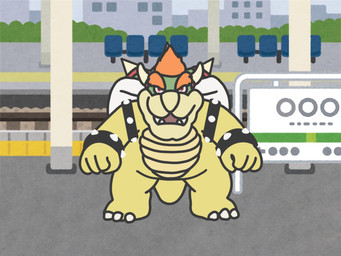 2_horns anthro biped detailed_background horn humanoid_hands male outside slightly_chubby solo train_station archimeblog mario_bros nintendo bowser koopa scalie 2021 4:3 hi_res