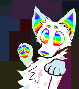 abstract_background closed_smile eyebrows eyelashes female fur markings mouth_closed multicolored_eyebrows multicolored_eyelashes multicolored_eyes multicolored_pawpads pawpads rainbow_eyebrows rainbow_eyelashes rainbow_eyes rainbow_inner_ear rainbow_nose rainbow_pawpads semi-anthro smile solo sparklefur spots spotted_body spotted_fur white_body white_fur demensa rainbowpaw_(demensa) canid canine canis domestic_dog mammal 2026 absurd_res colorful_theme digital_media_(artwork) half-length_portrait hi_res pixel_(artwork) portrait