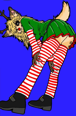 anthro antlers bent_over black_sclera blonde_hair blue_background clothed clothed_anthro clothed_female clothing dipstick_ears dress ear_markings ear_tuft female footwear green_clothing green_dress hair horn inner_ear_fluff legwear looking_at_viewer looking_back looking_back_at_viewer multicolored_ears one_eye_closed pattern_clothing pattern_legwear red_nose scut_tail shoes short_tail simple_background striped_clothing striped_legwear stripes tail tuft wink kositamandy danna deer mammal