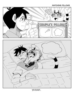 ahoge anthro bed bed_sheet bedding bodily_fluids cross_pupils drooling duo eyelashes fangs female furniture hair happy hug human_on_anthro interspecies interspecies_romance male male/female male_human nose_scar on_bed open_mouth paws pillow saliva sleeping smile tail teeth text drawligator no_thoughts_head_empty aura_(drawligator) haruki_(drawligator) felid human mammal pantherine tiger absurd_res comic english_text hi_res monochrome