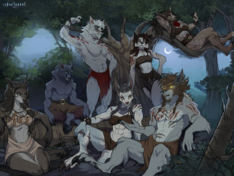 anthro bandeau bottomwear breasts clothed clothing female group loincloth male moon muscular night outside pants plant star topless topwear tree tribal cyberhound bjornvar daekyr_(shua) juno_(kharasu) nairey_(ellenore) nohan_(cean) vexa zohnara_(krazak) canid canine canis mammal 2026 digital_drawing_(artwork) digital_media_(artwork) hi_res